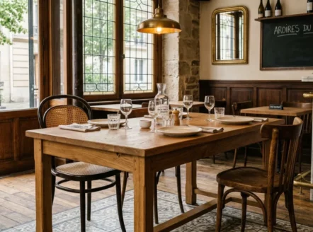 Table en bois massif au centre d'un bistrot parisien élégant
