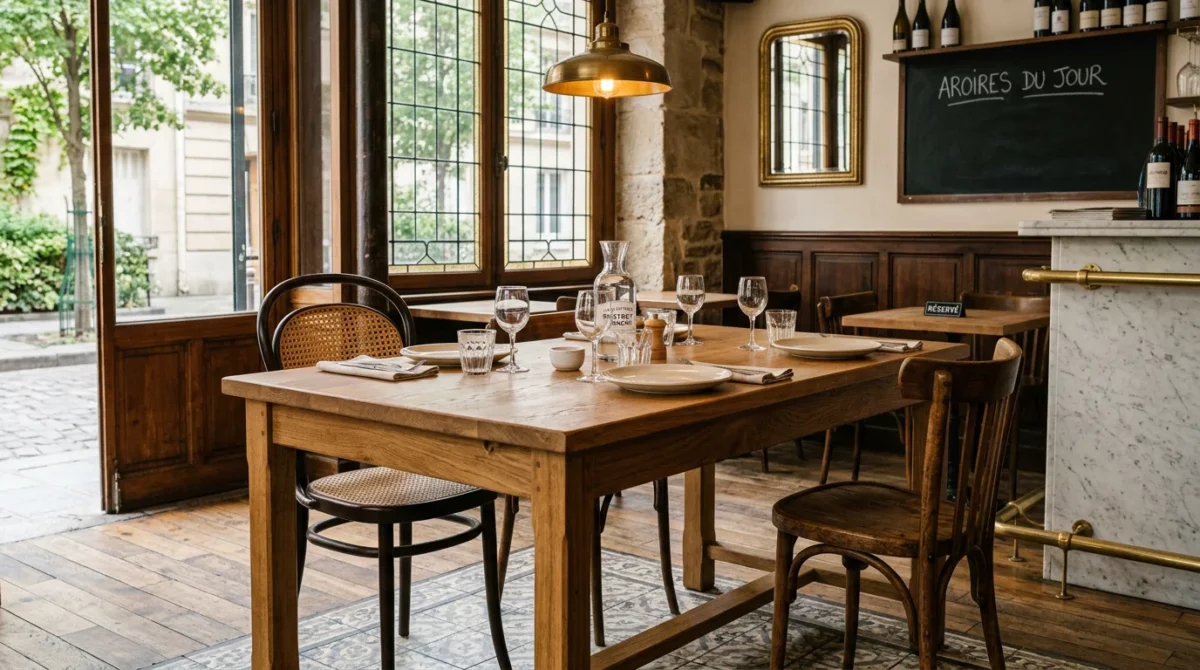 Table en bois massif au centre d'un bistrot parisien élégant