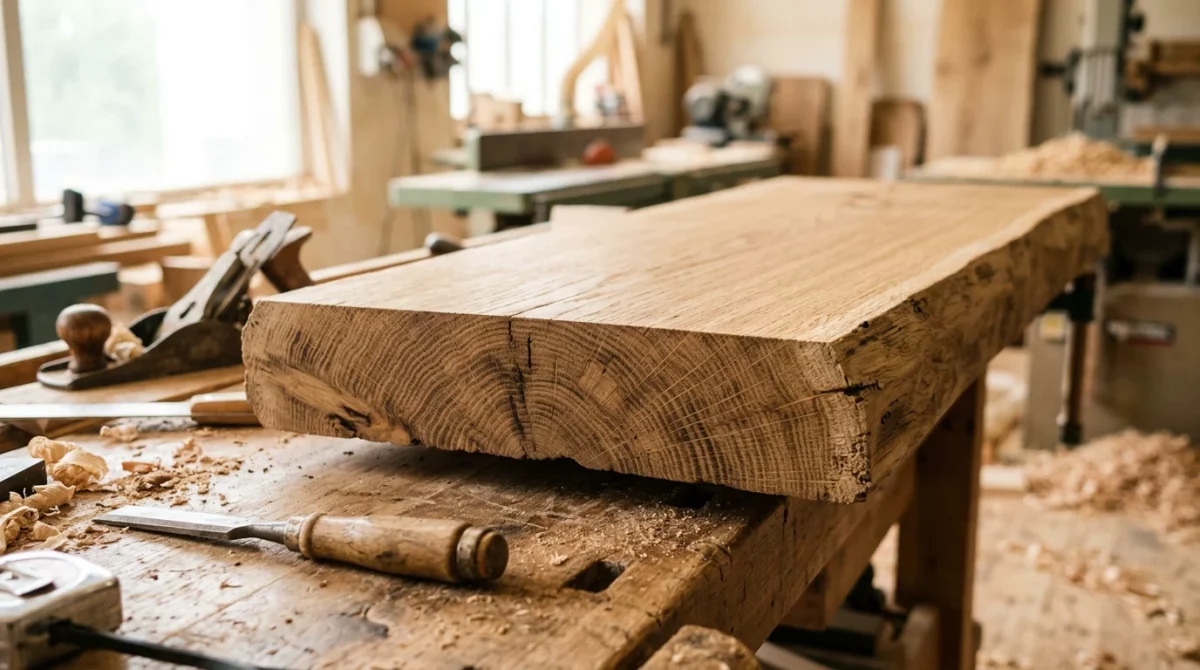 Gros plan sur la tranche d'un plateau de table en bois massif de chêne