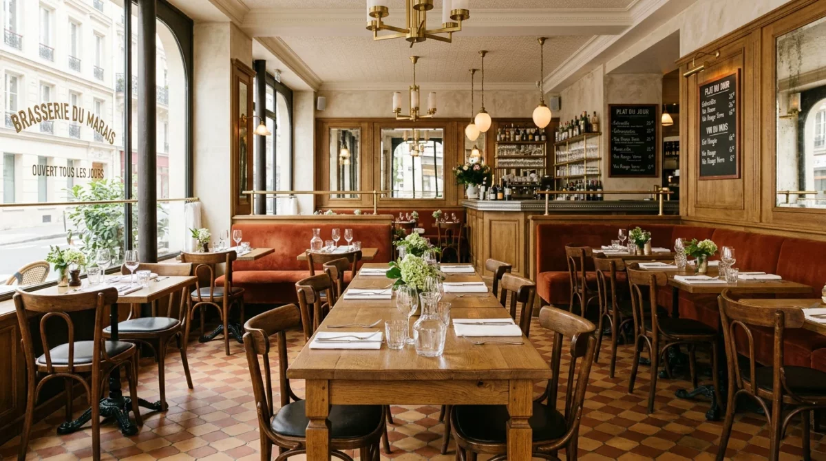 Salle de brasserie parisienne aménagée avec des tables en bois massif