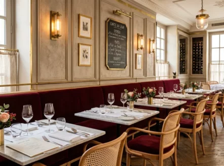 Banquette de restaurant en velours bordeaux dans une salle haut de gamme