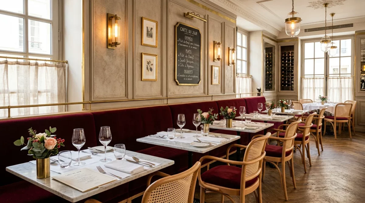 Banquette de restaurant en velours bordeaux dans une salle haut de gamme