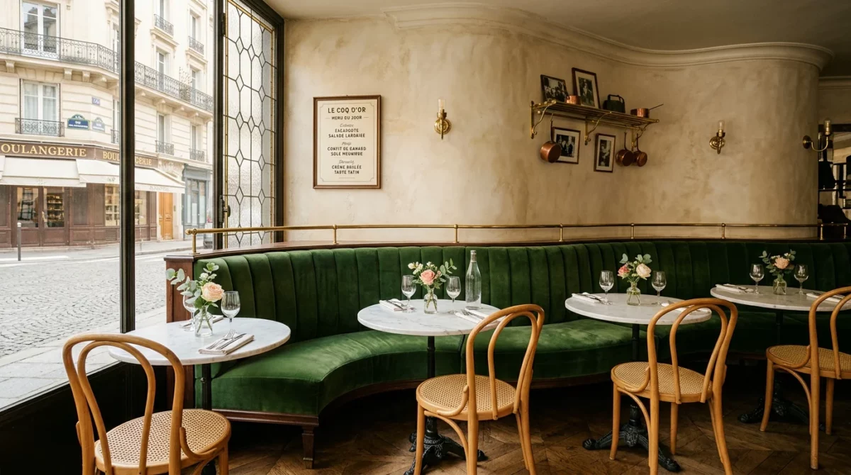 Banquette sur-mesure en velours vert dans un bistrot parisien élégant