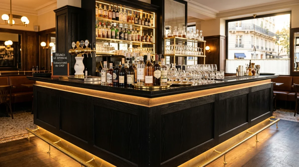 Comptoir de bar lumineux en chêne noir dans une brasserie française