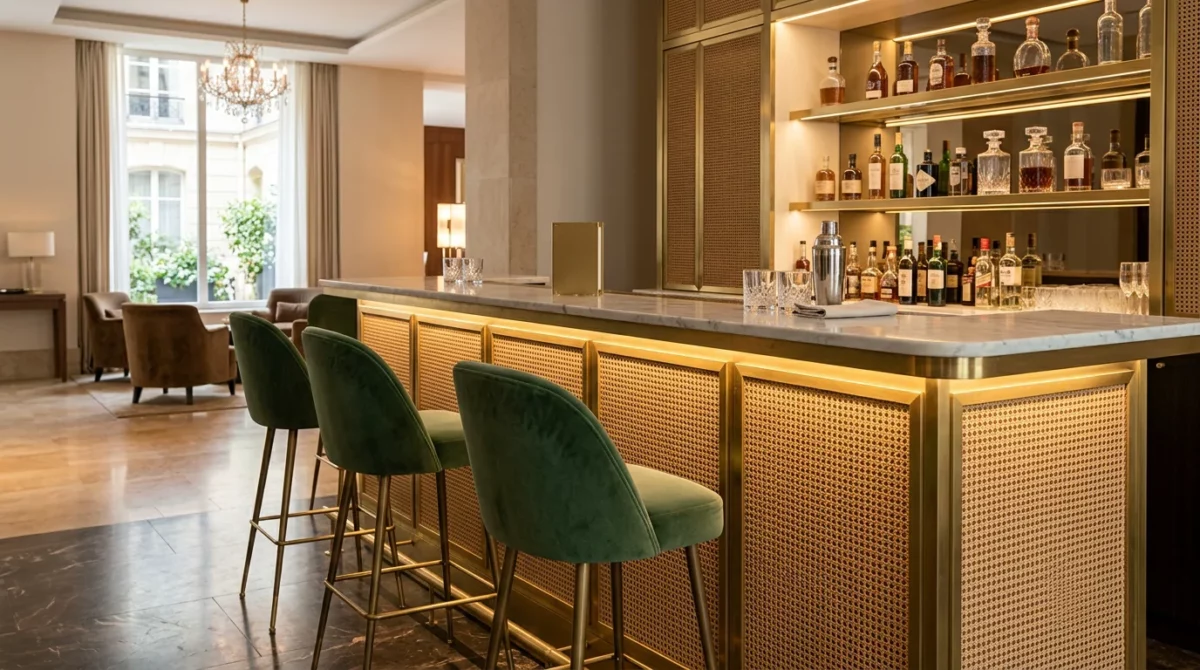 Bar lumineux en rotin et laiton dans un lobby d'hôtel