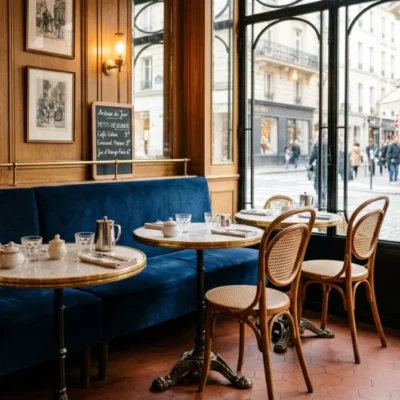 Banquettes en velours et tables en marbre dans un bistrot parisien
