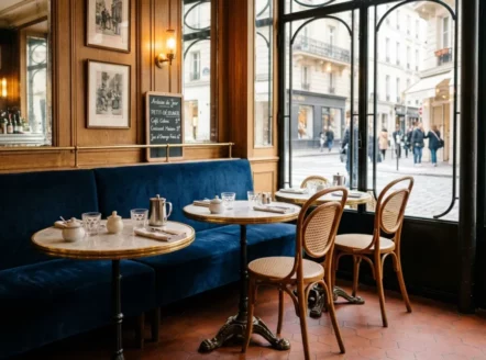 Banquettes en velours et tables en marbre dans un bistrot parisien