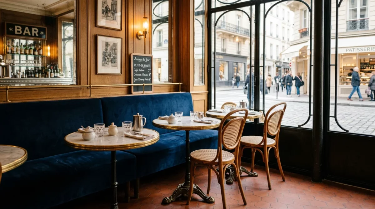 Banquettes en velours et tables en marbre dans un bistrot parisien