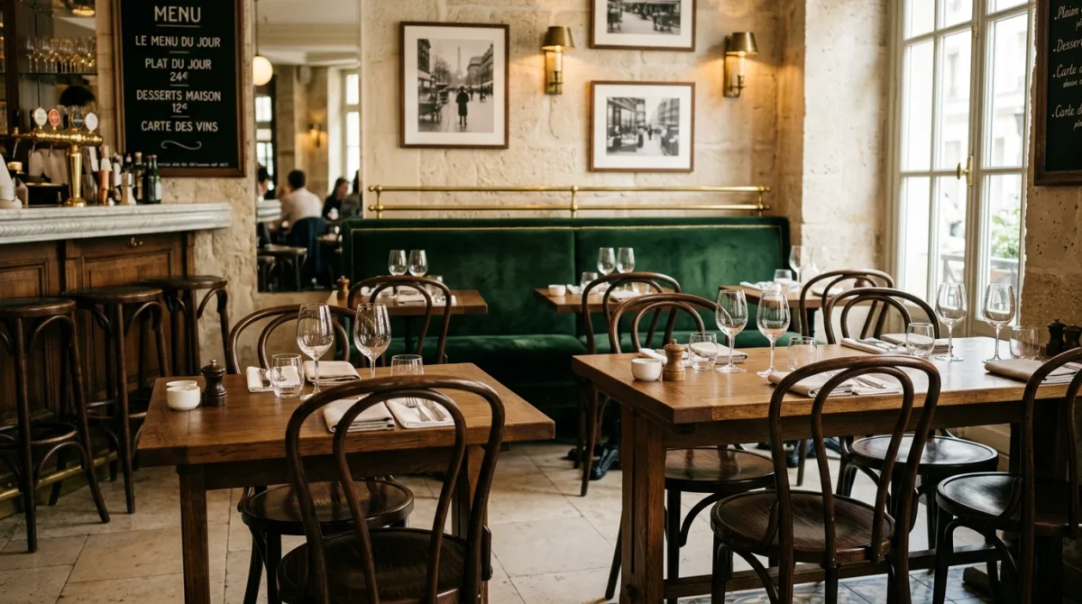 Tables en bois massif et chaises bistrot dans une brasserie française
