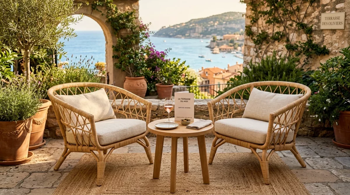 Fauteuils en rotin et table en bois sur une terrasse d'hôtel
