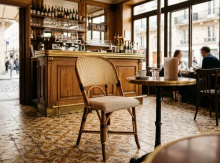 Chaise en rotin et tissu écru au centre d'un bistrot parisien élégant