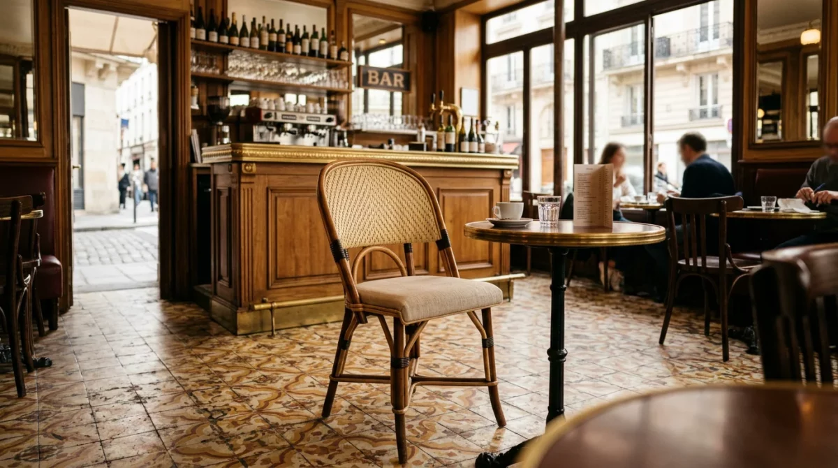 Chaise en rotin et tissu écru au centre d'un bistrot parisien élégant