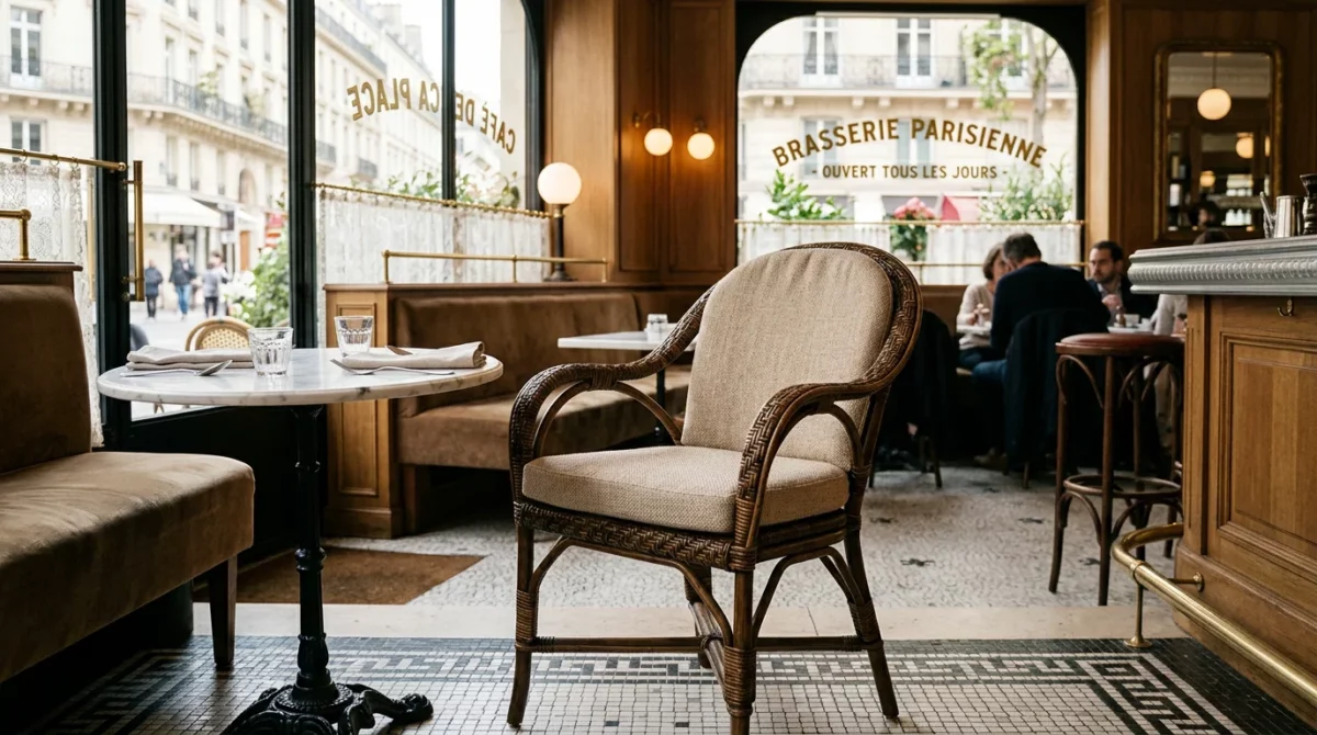 Chaise en rotin avec assise en tissu beige dans une brasserie élégante