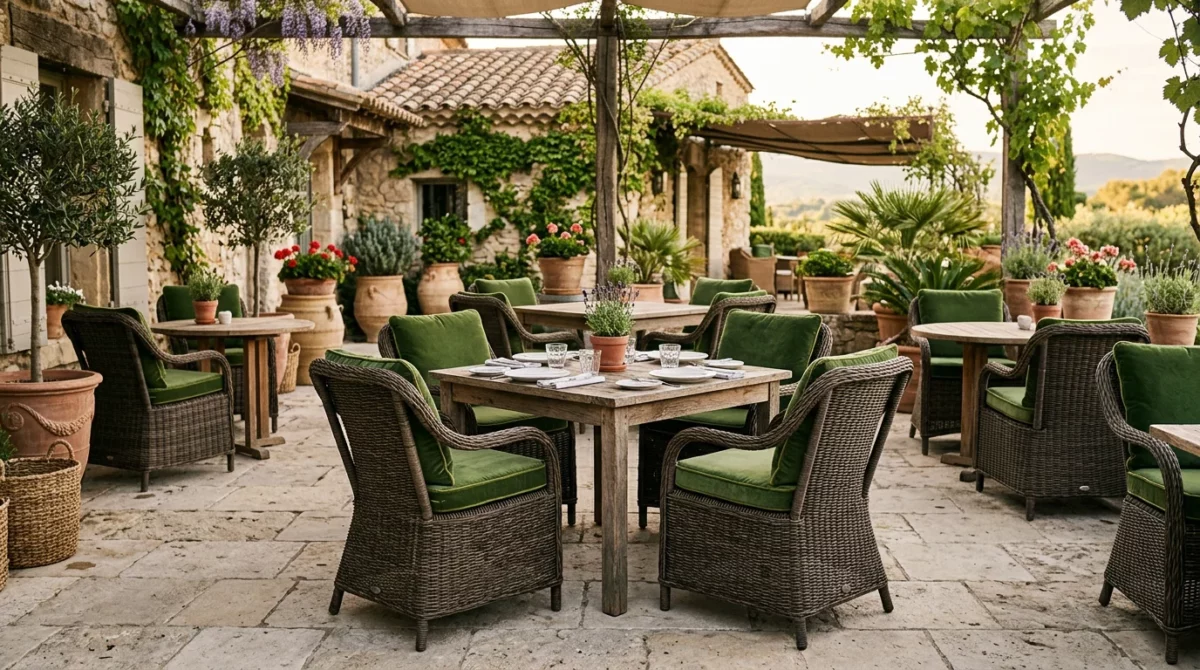 Chaises en rotin imitation avec coussins en velours vert sur une terrasse d'hôtel