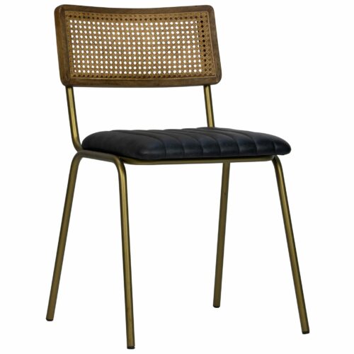 chaise restaurant Jens noire en rotin et cuir de buffle, design industriel chic pour restaurant et hôtel