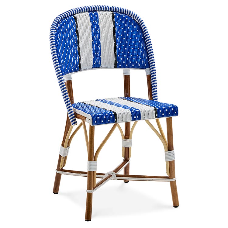 Chaise rotin bistrot Provence personnalisable vue de face bleu blanc